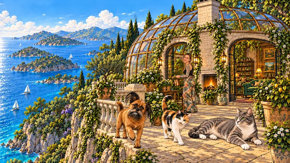 Художественная сцена FANTAZĒRIA: дом на скале над морем, увиденный снаружи во время полёта