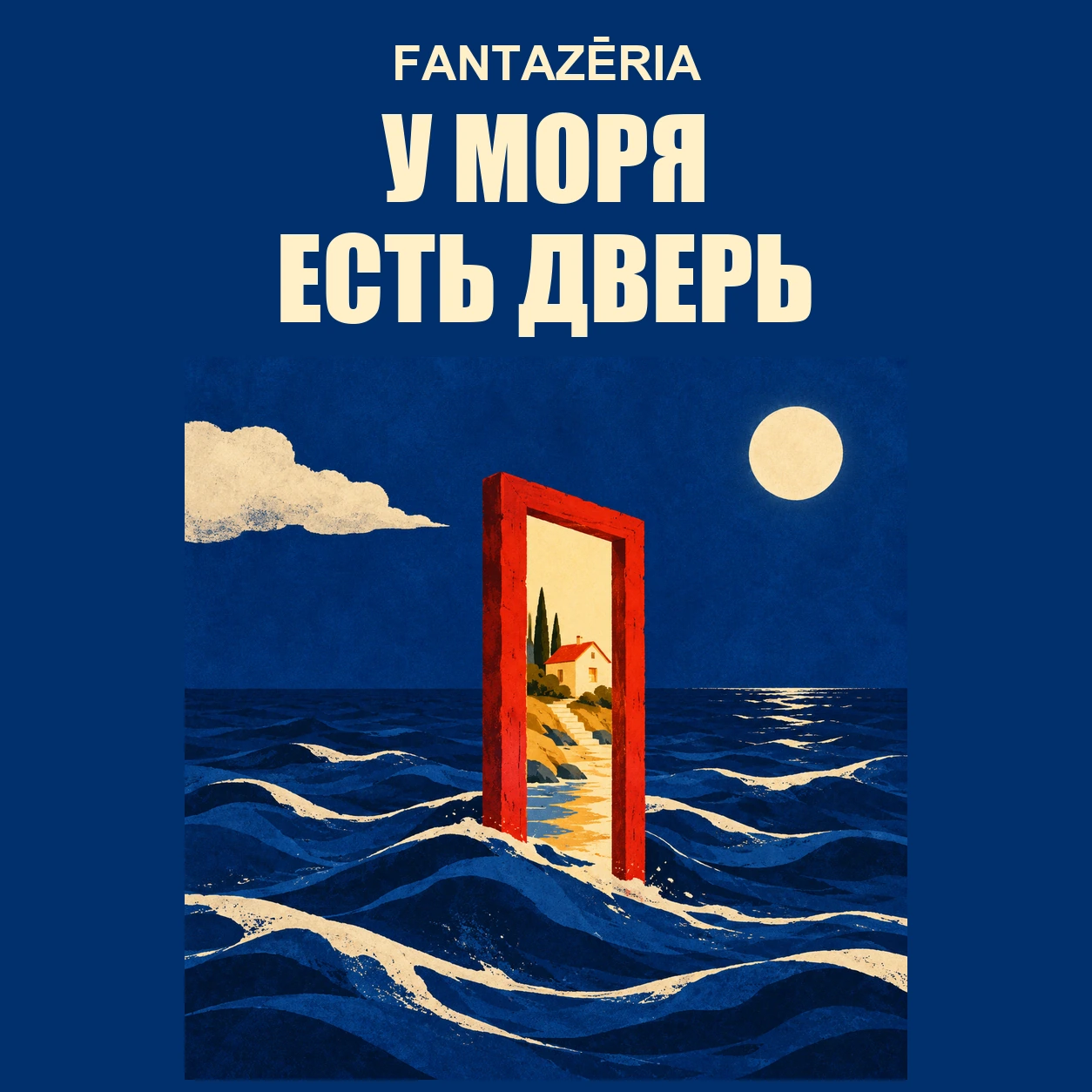 Плакат FANTAZĒRIA: «У моря есть дверь». Красная дверь среди волн ведёт к тёплому дому