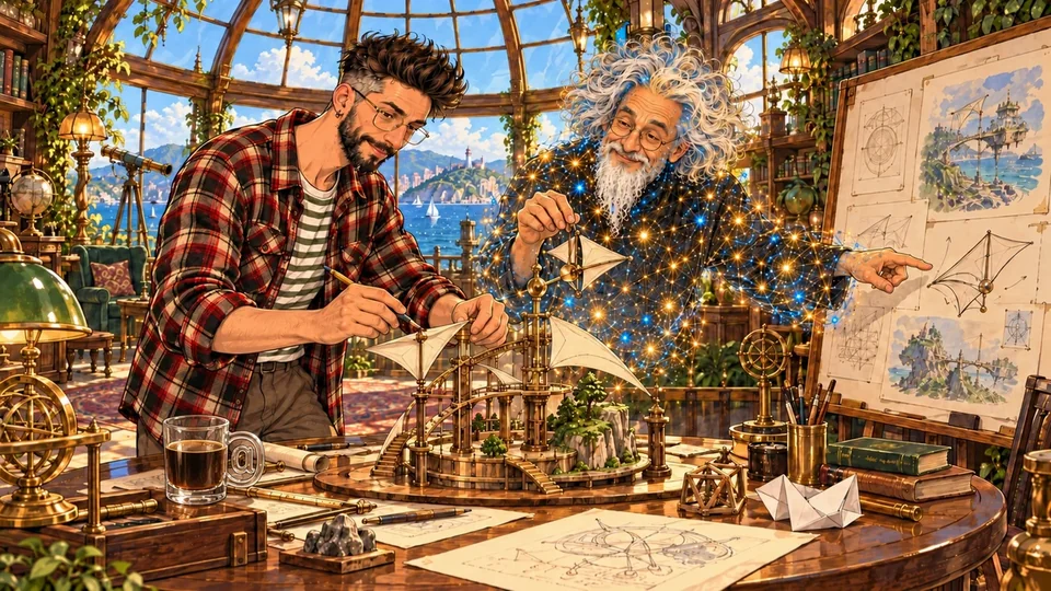 Художественная сцена: FANTAZĒROV и LINAD за столом создают модель нового мира