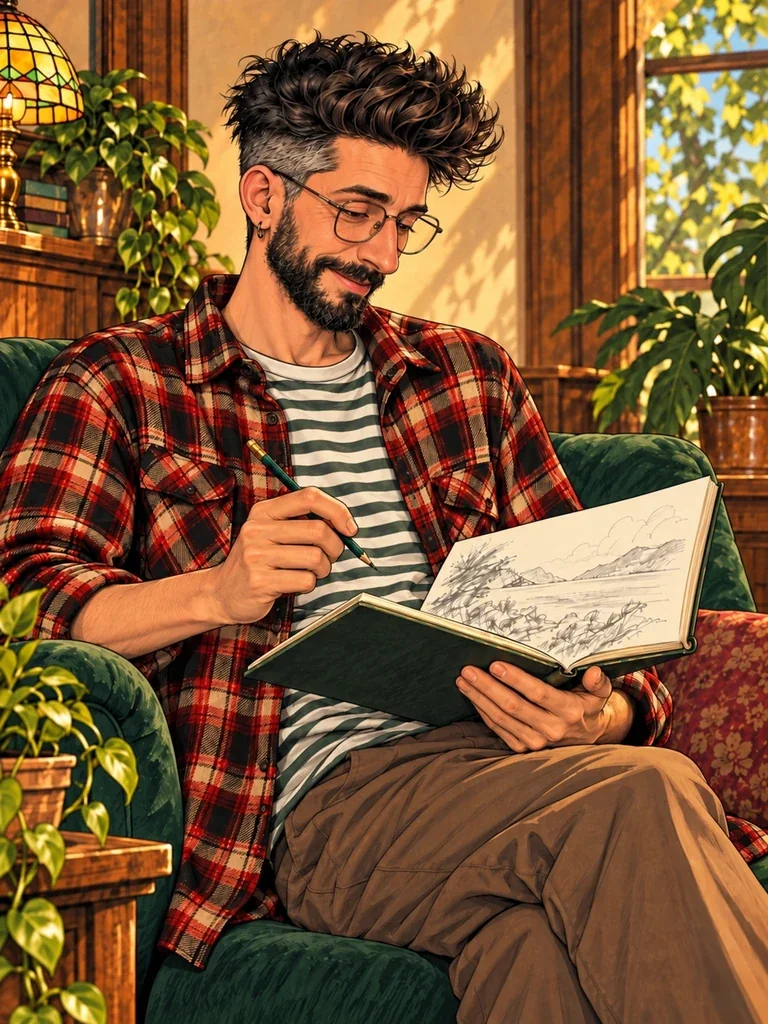 FANTAZĒROV с карандашом и раскрытым альбомом придумывает новый мир.